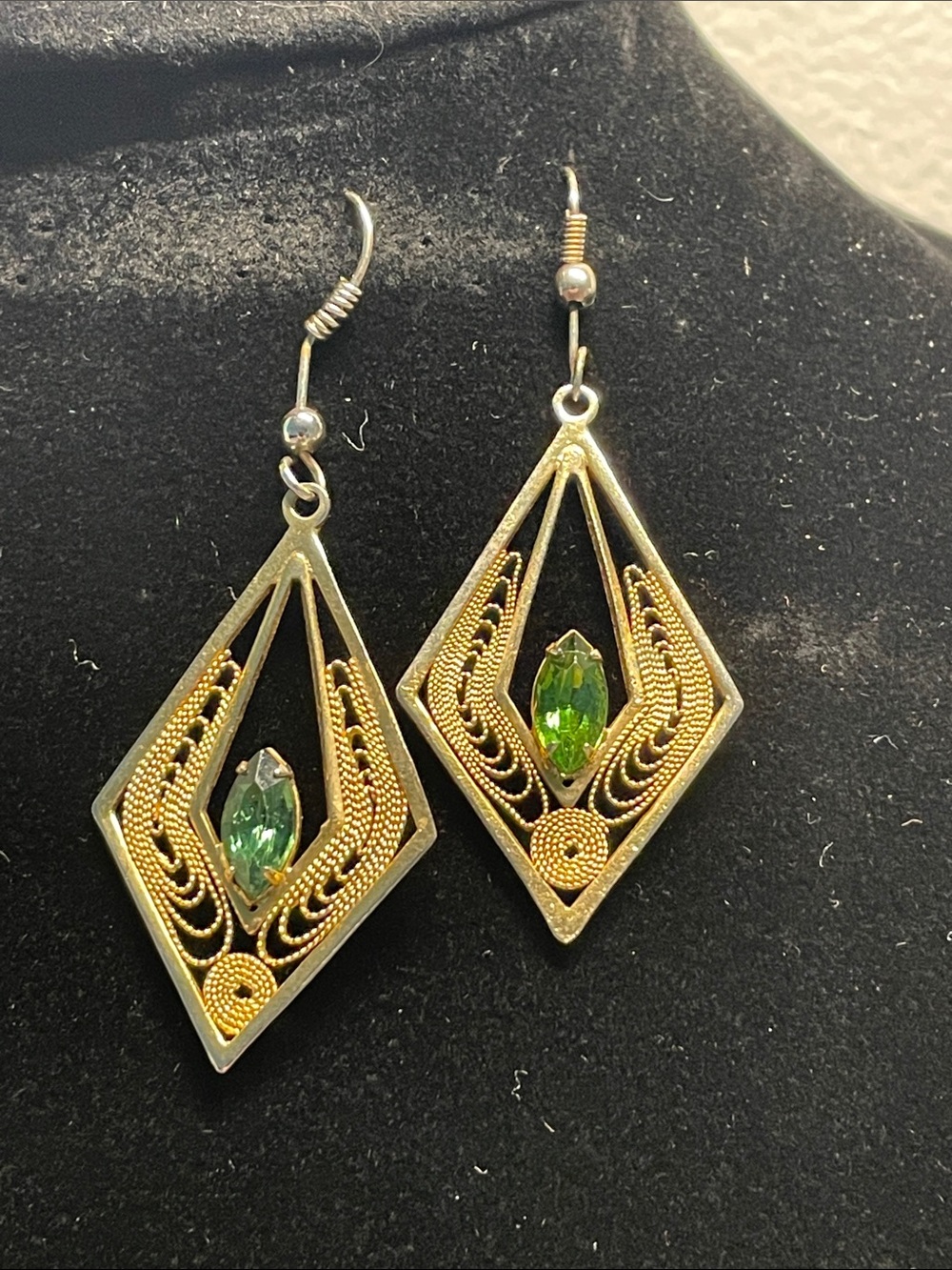 Gold-Tone Filigree Drop Earrings with Green Stone